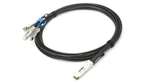 Close-up of QSFP28 DAC cable connector for 100G twinax applications